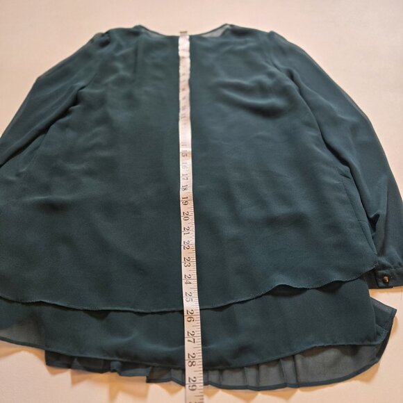 LOVE 21 Emerald Green Blouse Long Sleeve Sheer Tunic Pleated Large Layered Cardi - Picture 12 of 12